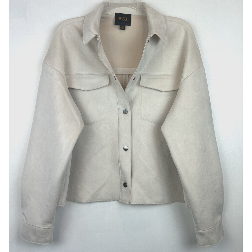 Faux Suede Jacket Woman Large Shacket Beige Snap Soft Crop Capsule Minimalist